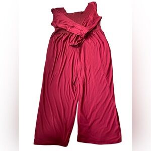 Red Wide-Leg Jumpsuit with Smock Detail